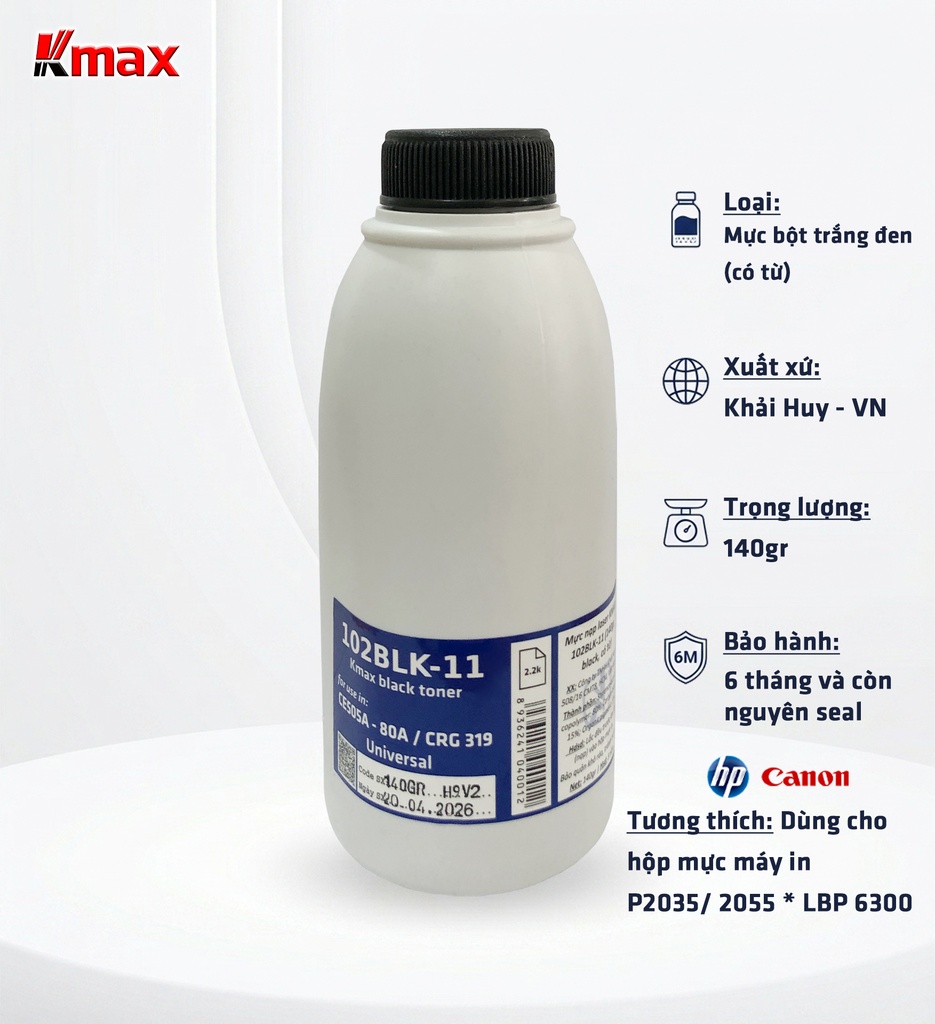 Mực nạp laser KMAX 102BLK-11 (140gr, black, có từ) - Dùng cho hộp mực máy in P2035/ 2055 * LBP 6300