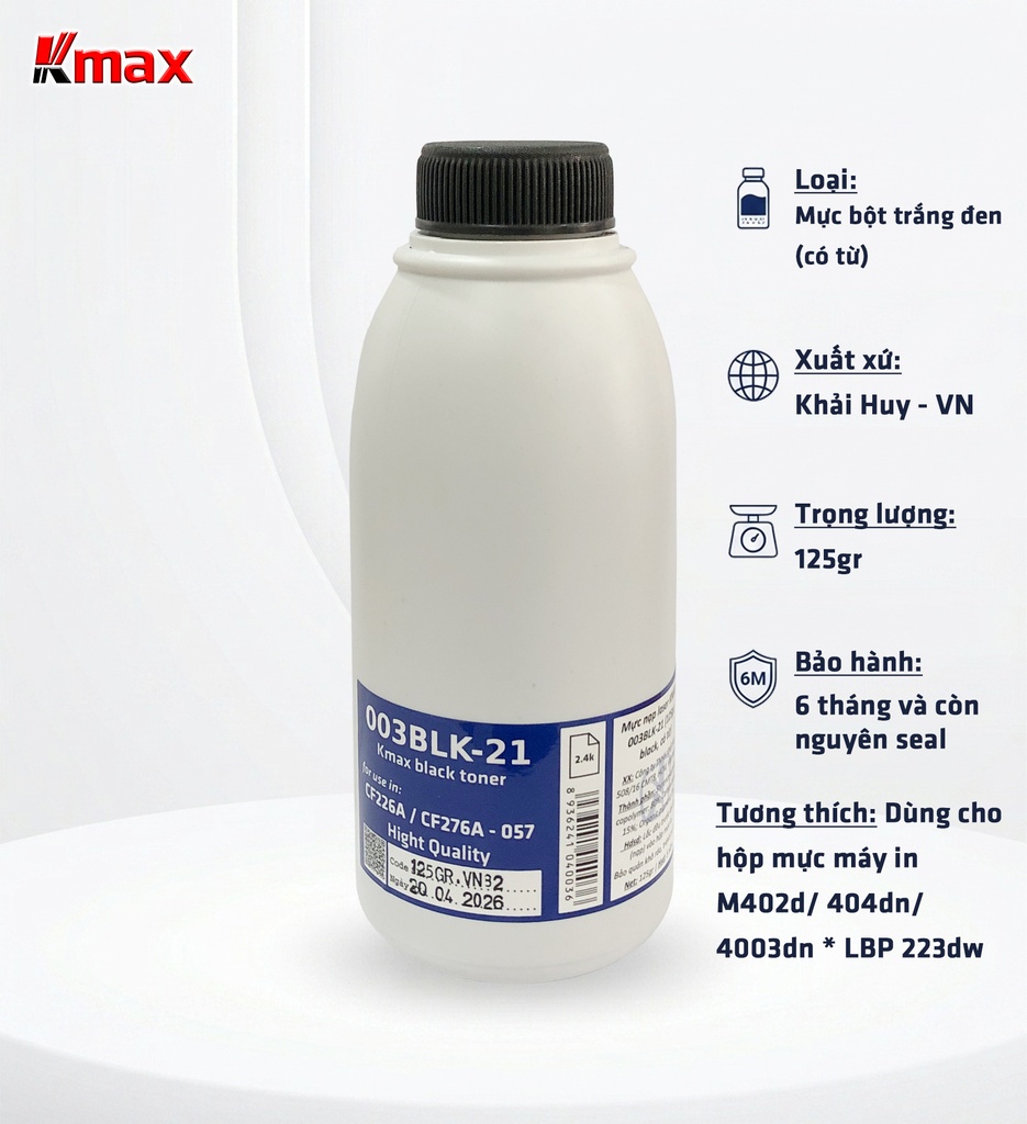 Mực nạp laser KMAX 003BLK-21 (125gr, black, có từ) - Dùng cho hộp mực máy in M402d/ 404dn/ 4003dn * LBP 223dw
